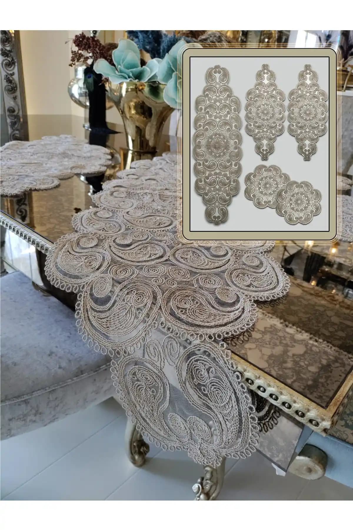 Camino Da Lua Damla 5 Parça Lüks Runner ve Örtü Takımı Ev Dekorasyonunda Şıklık ve Fonksiyonellik