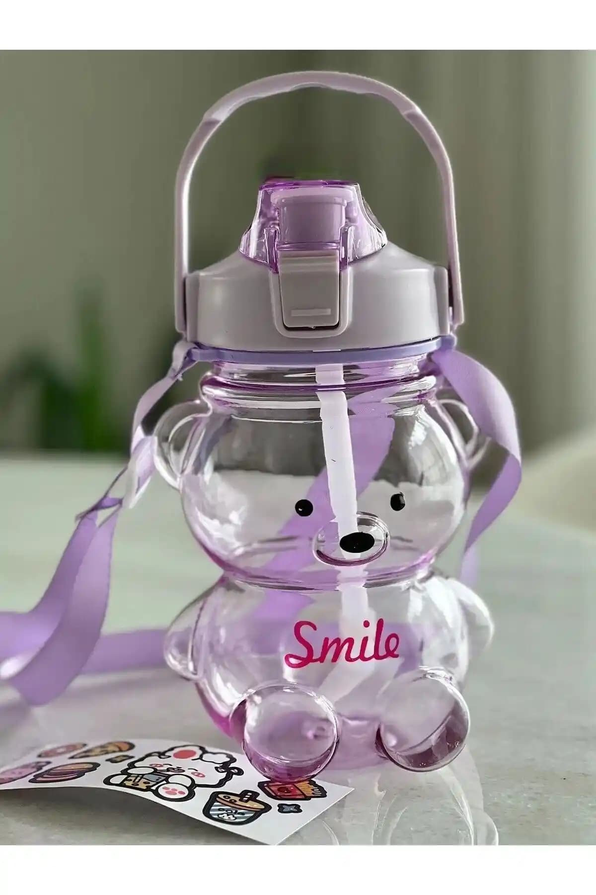 Çocuklar İçin Güvenli ve Eğlenceli 1000 ml Renkli Ayıcık Tasarımlı Su Şişesi