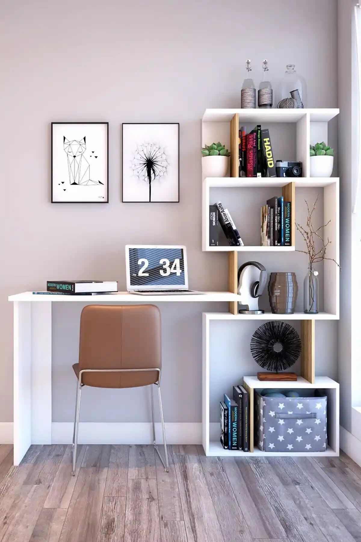 Dekoronya Marla Kitaplı Çalışma Masası Beyaz Meşe Modern Tasarım ve Fonksiyonellik