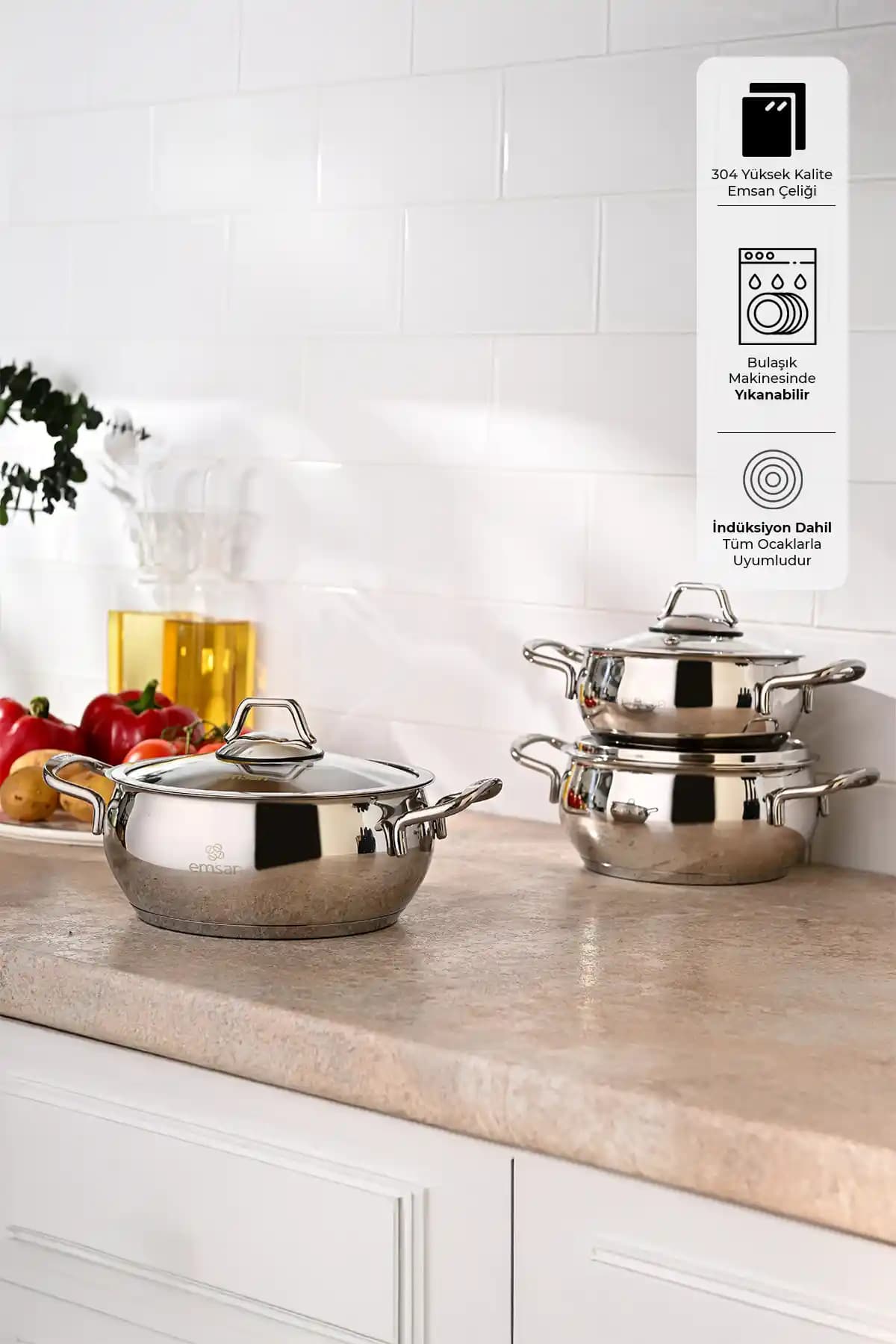 Emsan Cemre Indüksiyon Tabanlı 6 Parça Paslanmaz Çelik Tencere Seti Günlük Kullanım İçin Uygun