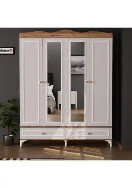 EVDEMO Nova 4 Kapaklı 2 Çekmeceli Aynalı Gardırop Atlantik Çam Renkli Modern Tasarım