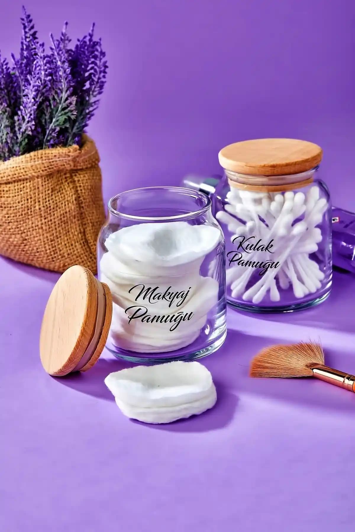 FBZhome 2'li Ahşap Kapaklı Makyaj ve Kulak Pamuğu Organizeri: Şık ve Fonksiyonel Banyo Düzenleyici