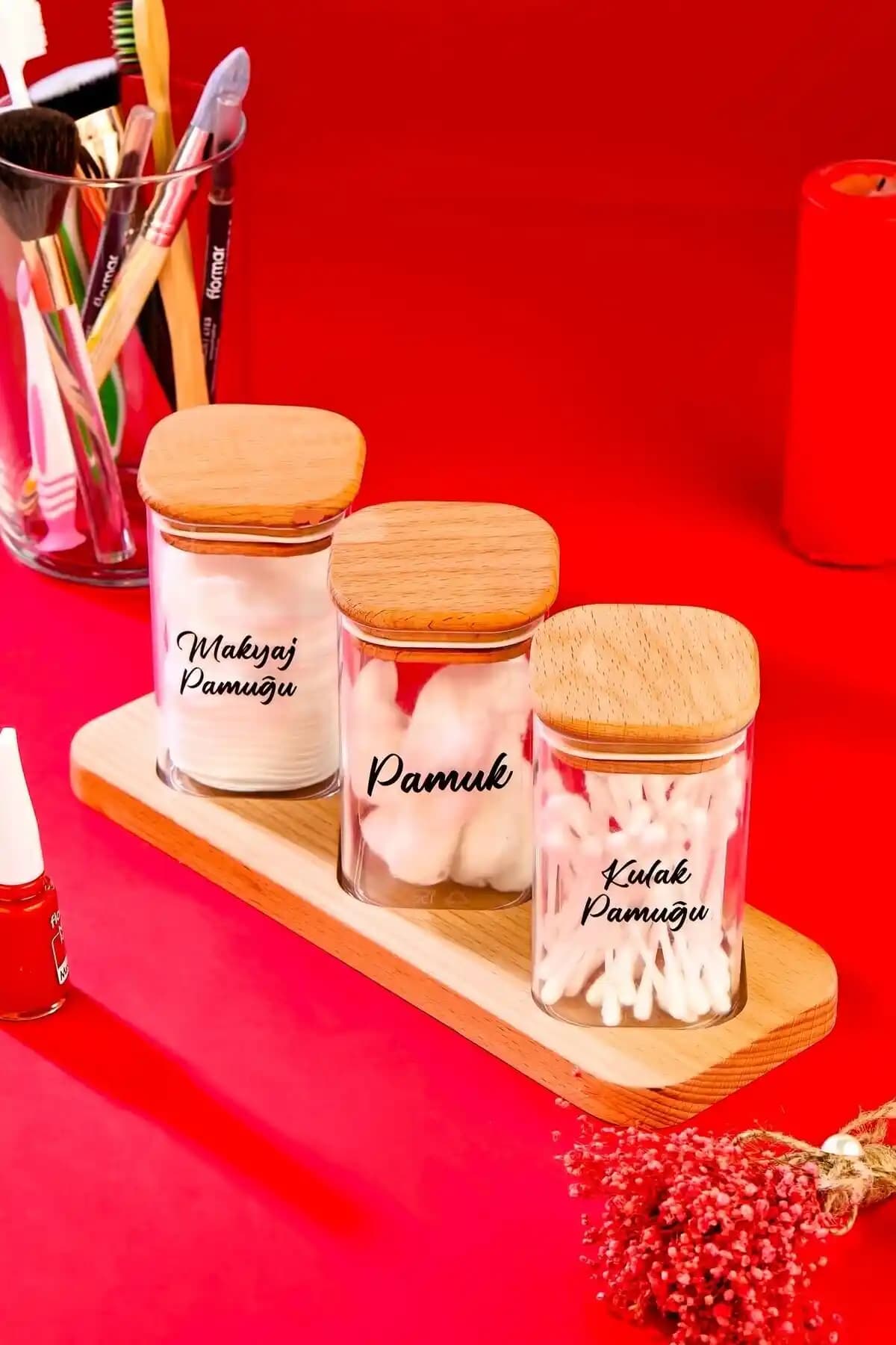 FBZhome 3'lü Ahşap Çapraz Standlı 250 ML Mika Pamukluk Seti Dekoratif ve Kullanışlı