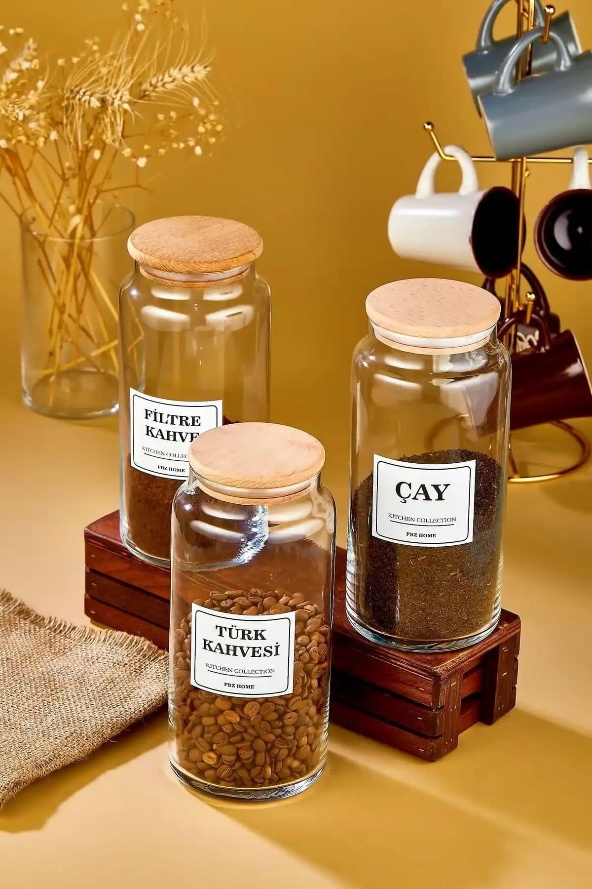FBZhome 3'lü Ahşap Kapaklı Cam Kavanoz Seti Türk Kahvesi ve Çay Saklama İçin