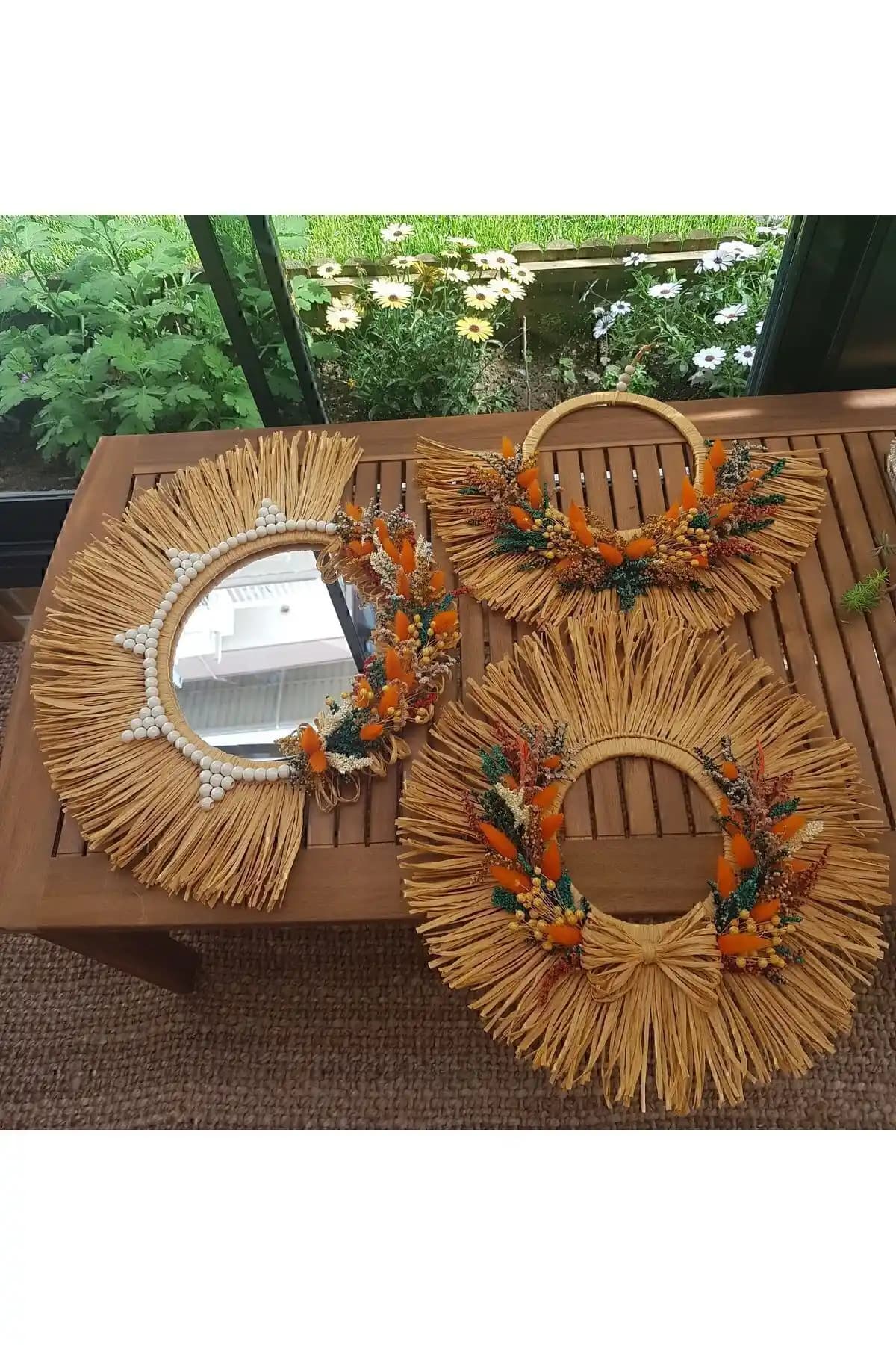 Genel Markalar Bohem Üçlü Rafya Duvar Süsü Doğal ve Şık Dekorasyon İçin Uygun