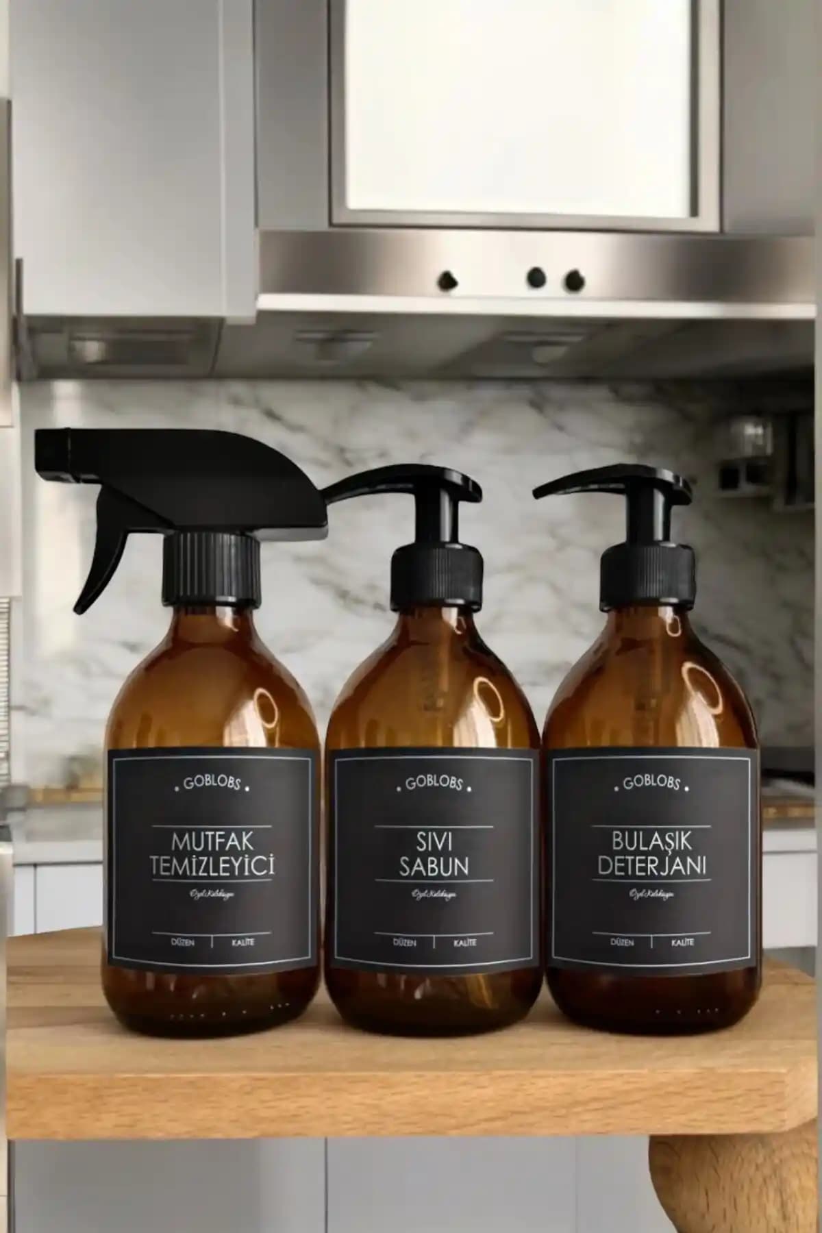 GO BLOBS 3'lü Amber Cam Şişe Seti Mutfak ve Banyo Temizliği İçin Çok Amaçlı Kullanım