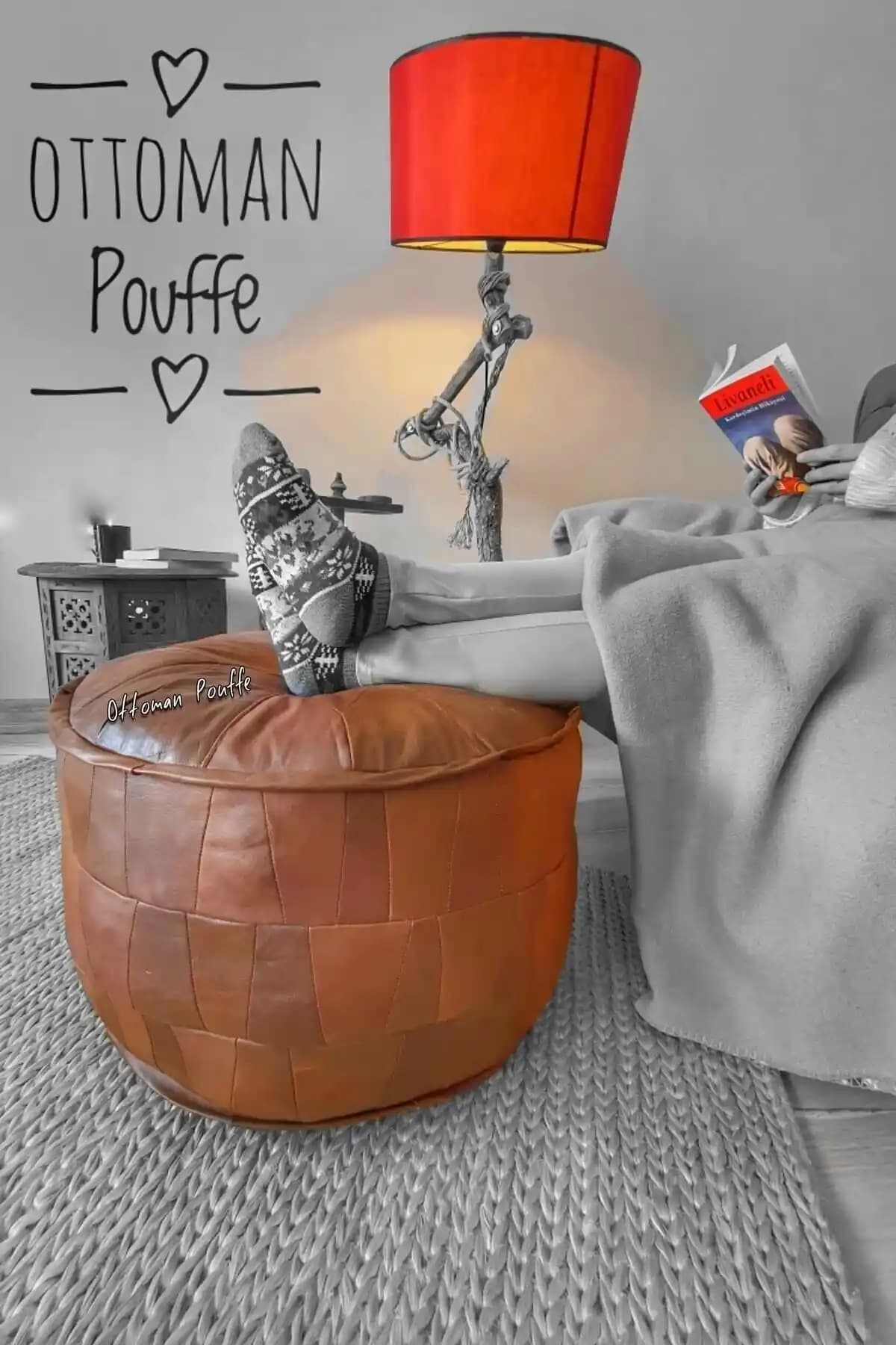 Hakiki Kuzu Derisi El Yapımı İskandinav Bohem Puf Dekoratif Oturma Minderi