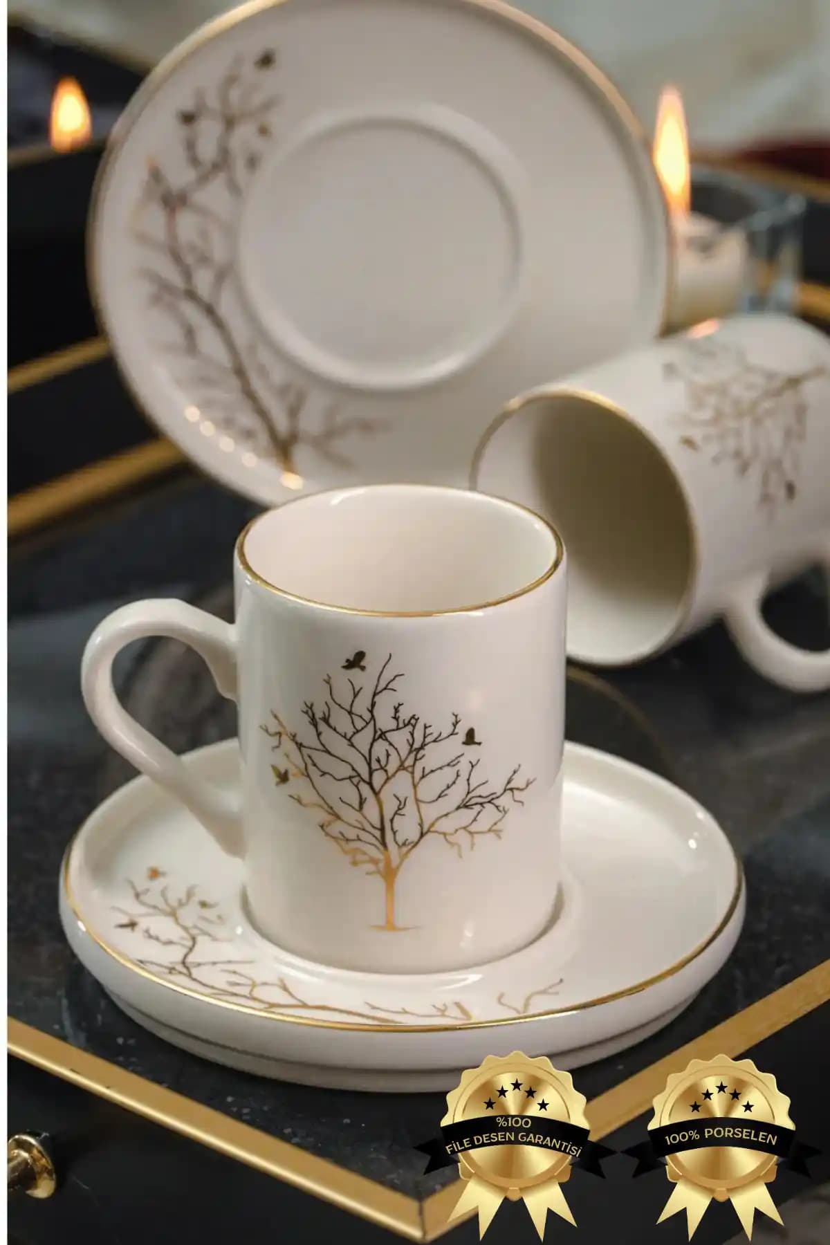 Heda Porselen Hayat Ağacı 4 Parça 2 Kişilik Porselen Fincan Takımı İnce Tasarım ve Fonksiyonellik