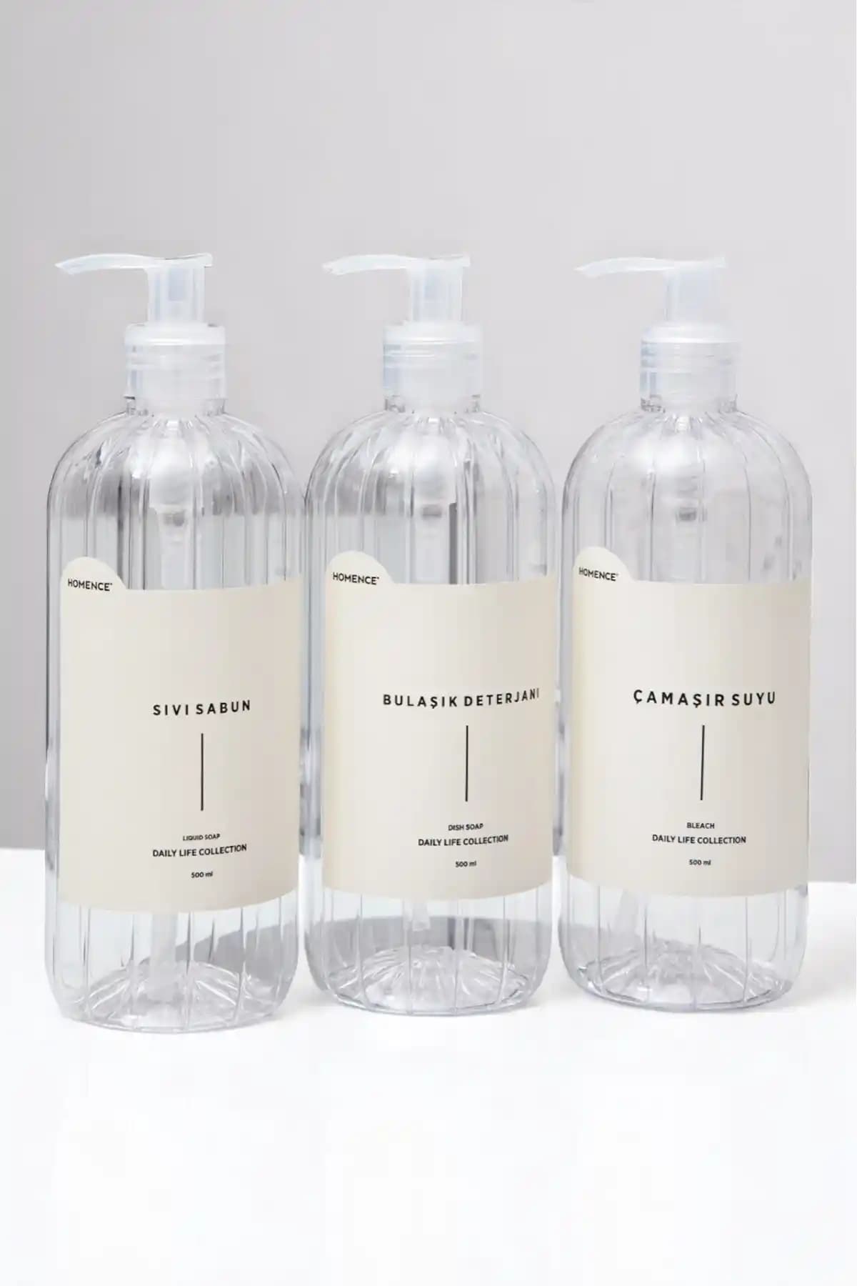 Homence 3'lü Sıvı Sabun, Bulaşık Deterjanı ve Çamaşır Suyu Seti Modern ve Estetik Tasarım