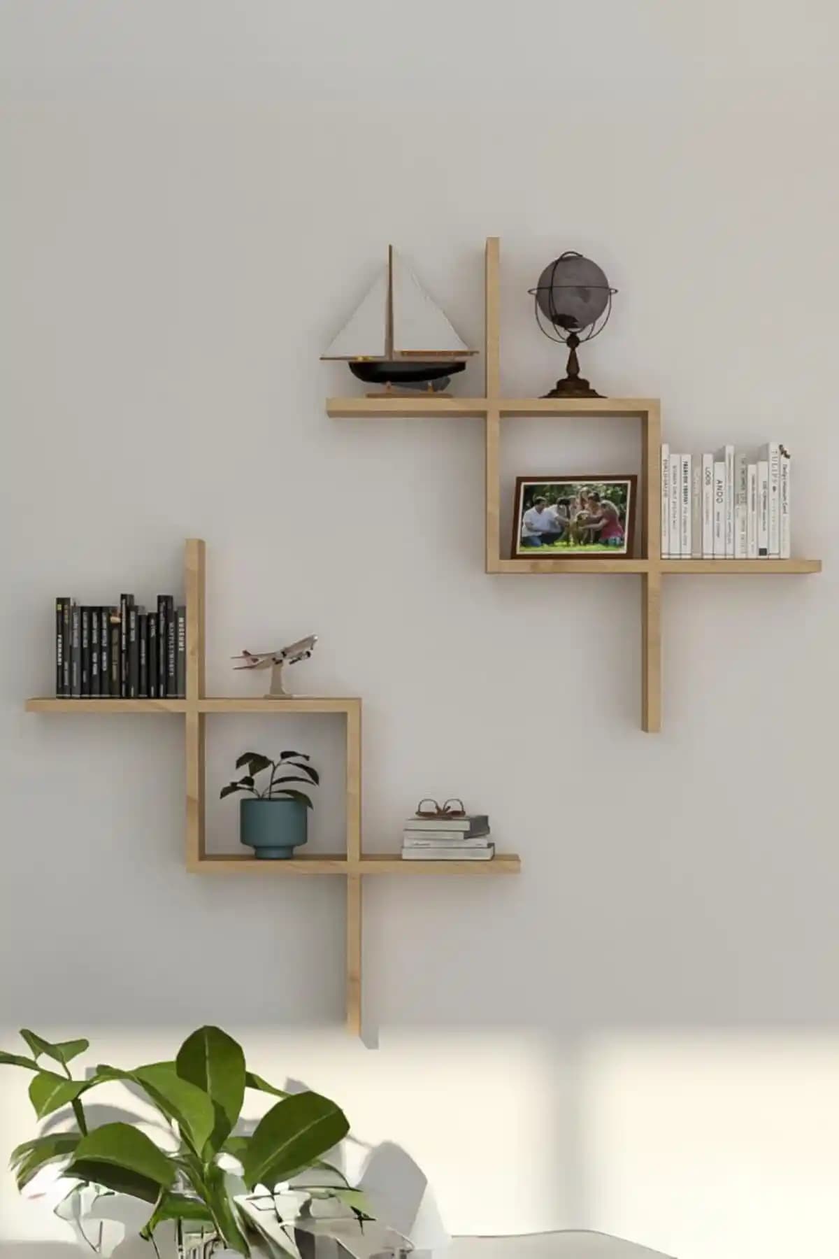 İda Wooden Zagy 2'li Safir Meşe Dekoratif Duvar Rafı Modern Tasarım ve Fonksiyonellik