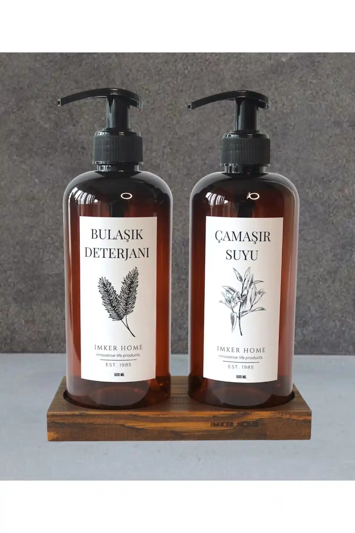 IMKER HOME Amber Serisi Ahşap Standlı 2 Gözlü Bulaşık Deterjanı Şişesi Seti