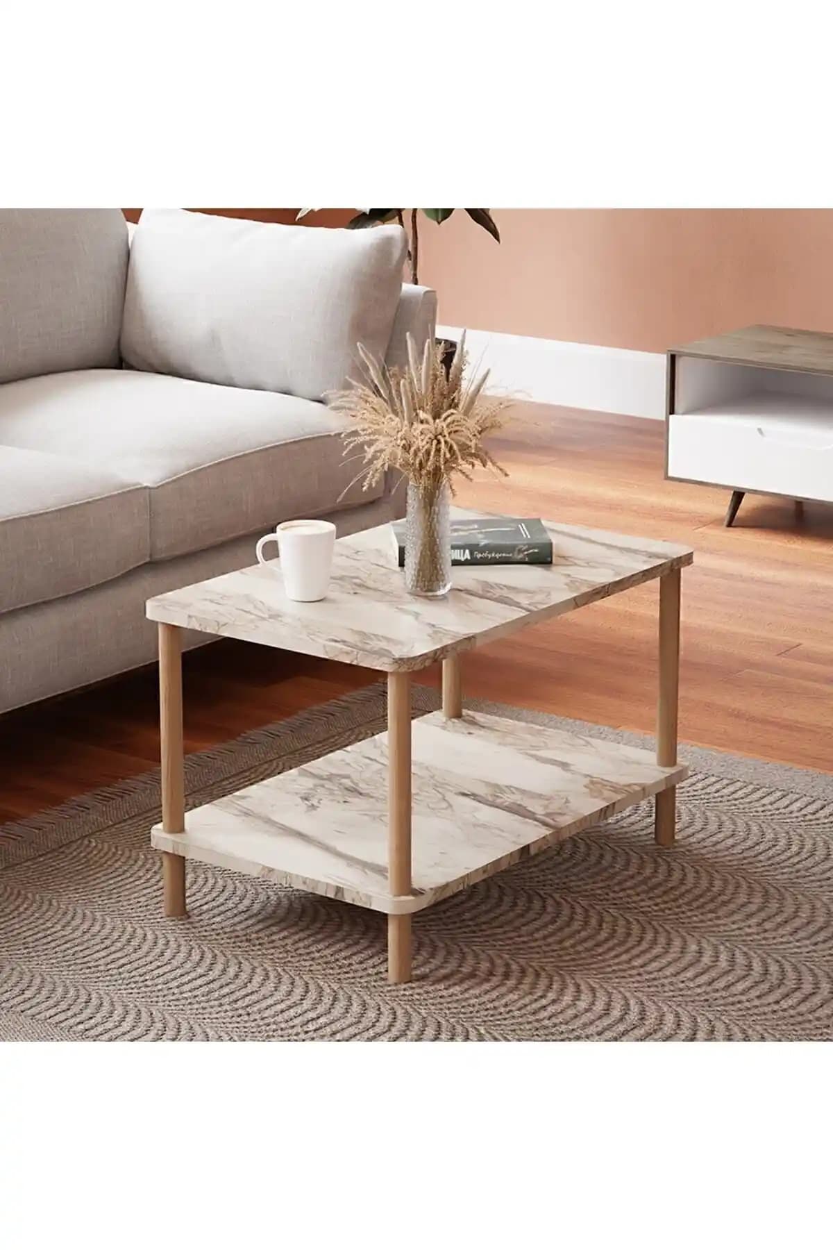 interGO Orta Sehpa Dikdörtgen Ahşap Ayaklı İki Katlı Gazetelikli Modern Tasarım