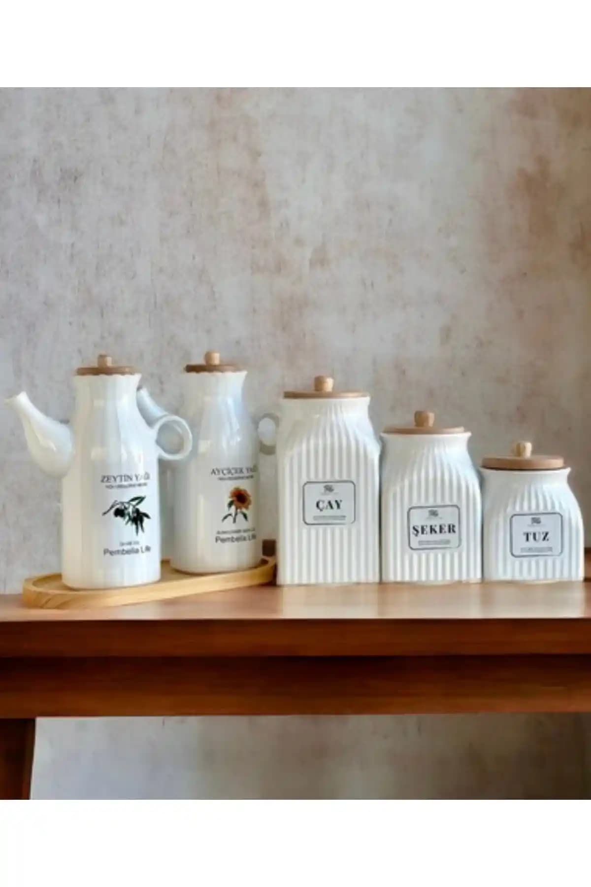 Kitchen Pembelia 6 Parça Bambu Standlı Papatya Porselen Seti ile Mutfakta Şıklık ve Fonksiyonellik