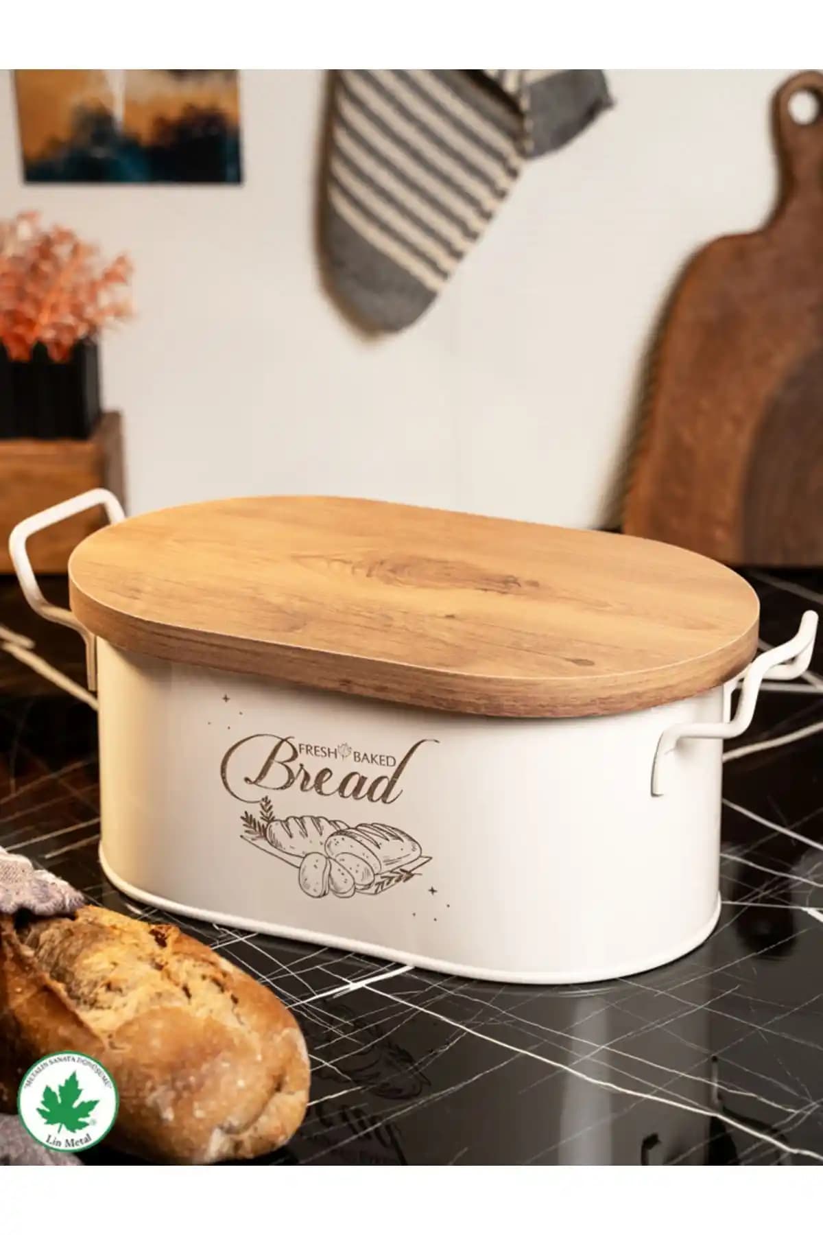 Lin Metal Ahşap Kapaklı Tel Kulplu Metal Ekmeklik: Dayanıklı ve Şık Mutfak Gereçleri