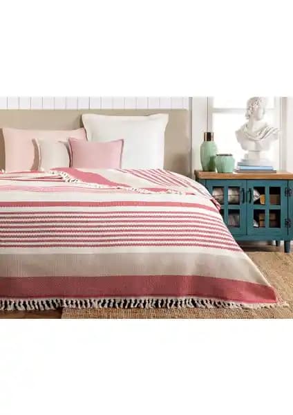 Madame Coco Denney Tek Kişilik Yıkamalı Yatak Örtüsü Ekru Kırmızı Modern Tasarım