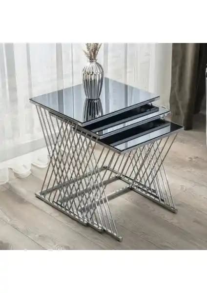 Mobi Evim Vienna Füme Aynalı Metal Ayaklı 3'lü Zigon Sehpa Seti Modern Tasarım