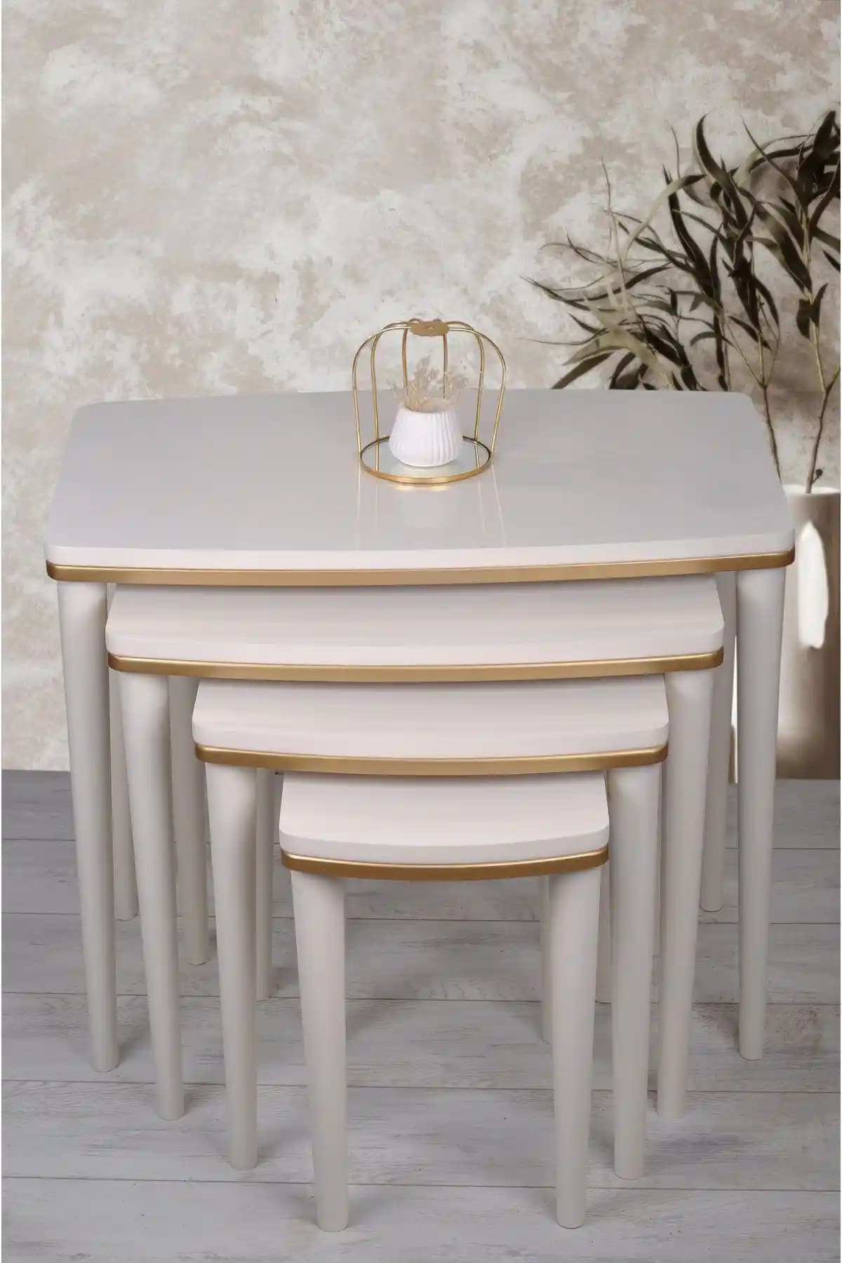 Napali Serisi 4'lü Lüx MDF Ahşap Zigon Sehpa Bej Gold Modern Tasarım