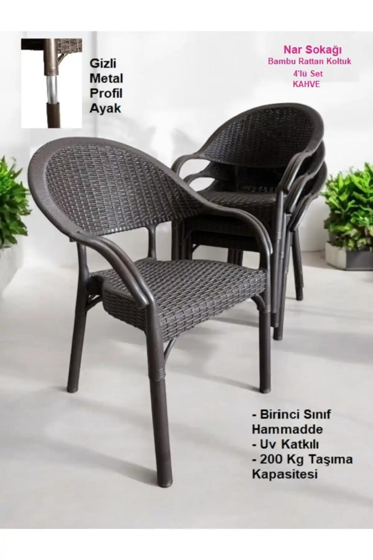 Nar Sokağı 4'lü Bambu Rattan Sandalye Seti Dış Mekan İçin Modern ve Dayanıklı Tasarım