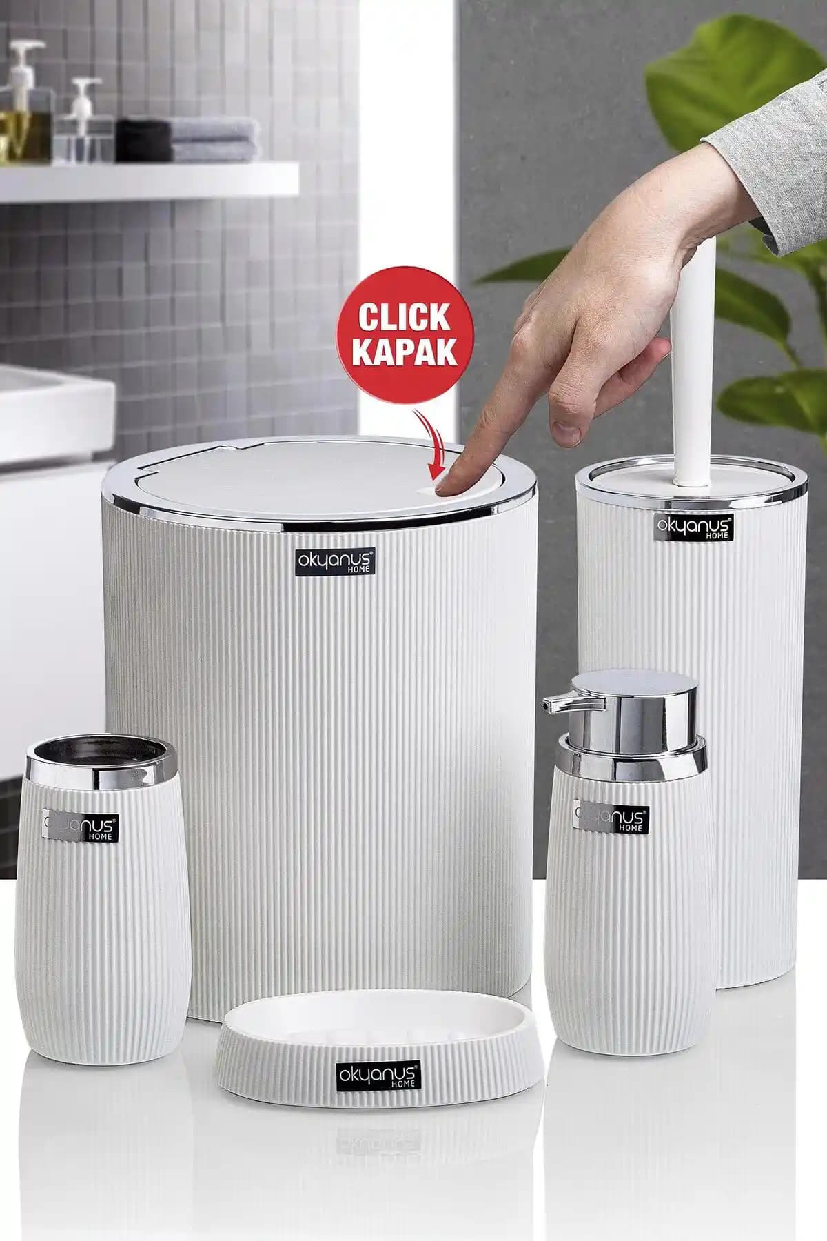 Okyanus Home Beyaz Kromlu Çizgili 5'li Banyo Seti Modern Tasarım ve Dayanıklılık
