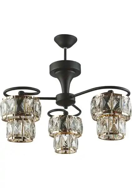 Ömür Avize Yontes Siyah Kasa Gold Başlıklı Taşlı Üçlü Avize Modern ve Şık Tasarımıyla Geniş Alanlara Uygun