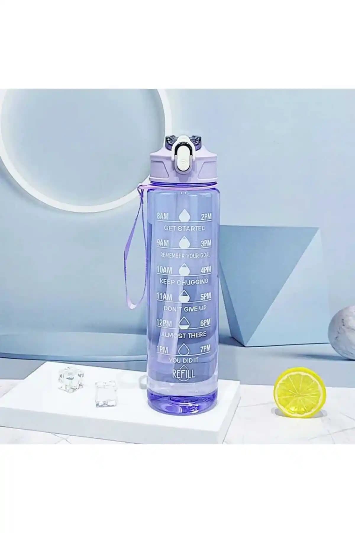 OSMEY ŞEFFAF 900 Ml Mor Motivasyon Matarası Çocuklar ve Gençler İçin Sağlıklı Su Şişesi