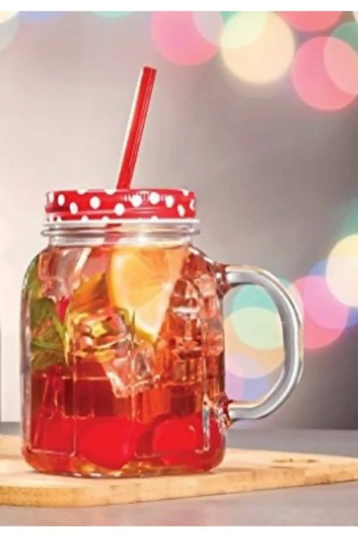 Paşabahçe Kırmızı Metal Kapaklı Pipetli Kulplu Kavanoz Bardak 450 ml Şık ve Dayanıklı Tasarım