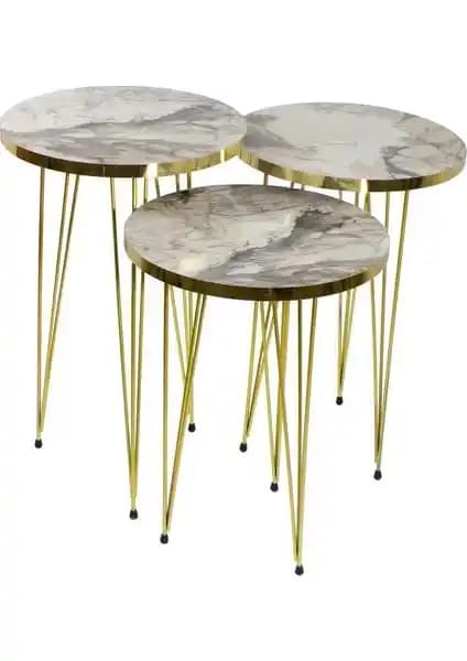 Pratico Gold Metal Ayak Beyaz Mermer Desen Zigon Sehpa Seti Modern ve Şık Tasarım