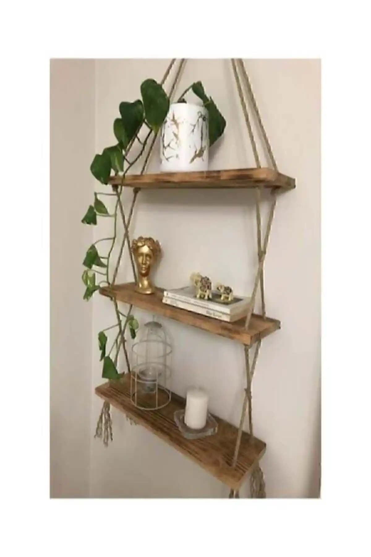 Retroelektrik Ahşap Dekoratif Üçlü Halatlı Raf Kitaplık Modern ve Şık Tasarım