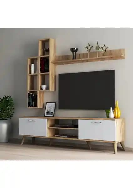 Tanmob Mega 180'li Kitaplıklı Raflı TV Ünitesi Çam Beyaz Modern Tasarım ve Fonksiyonellik