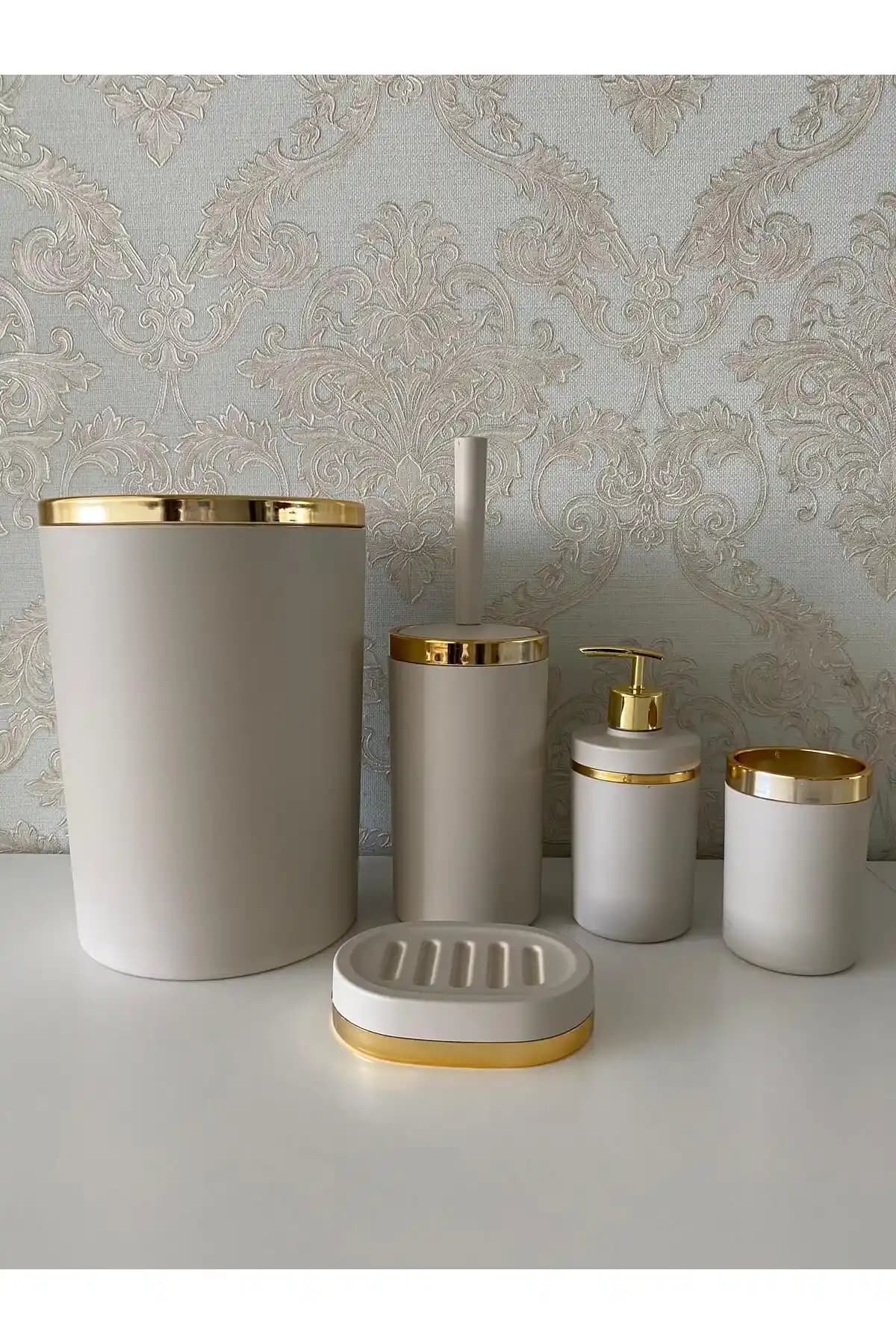 TrendBanyoMutfak 5 Parça Krem Gold Mat Banyo Seti Modern ve Şık Tasarım