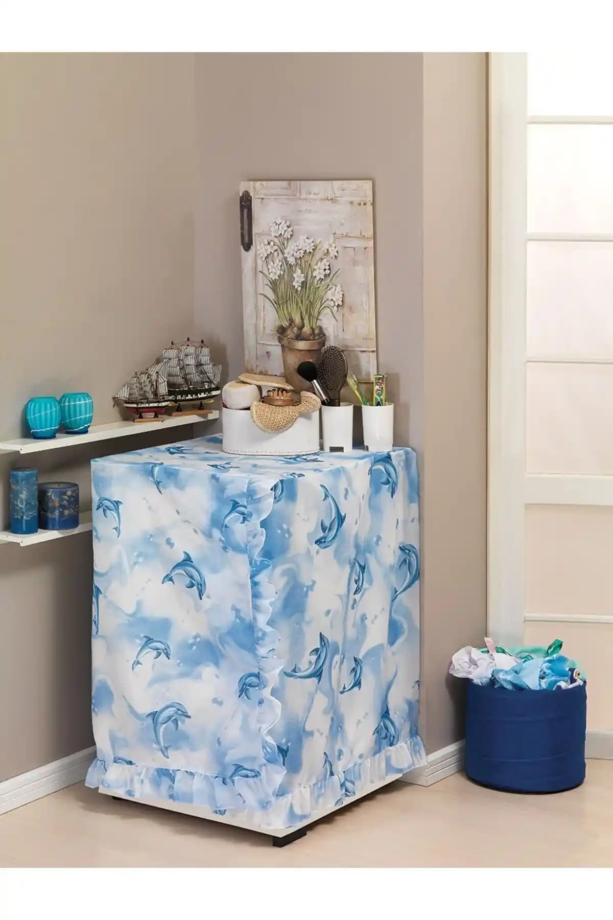 Tropikhome Mavi Yunuslu Çamaşır Makinesi Örtüsü: Şık ve Fonksiyonel Banyo Dekorasyonu