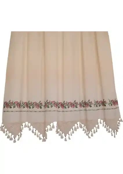 Tuncay Tekstil Kırmızı Kanaviçe El İşi Keten Güneşlik Perdesi Doğal Malzemelerle Şık Tasarım