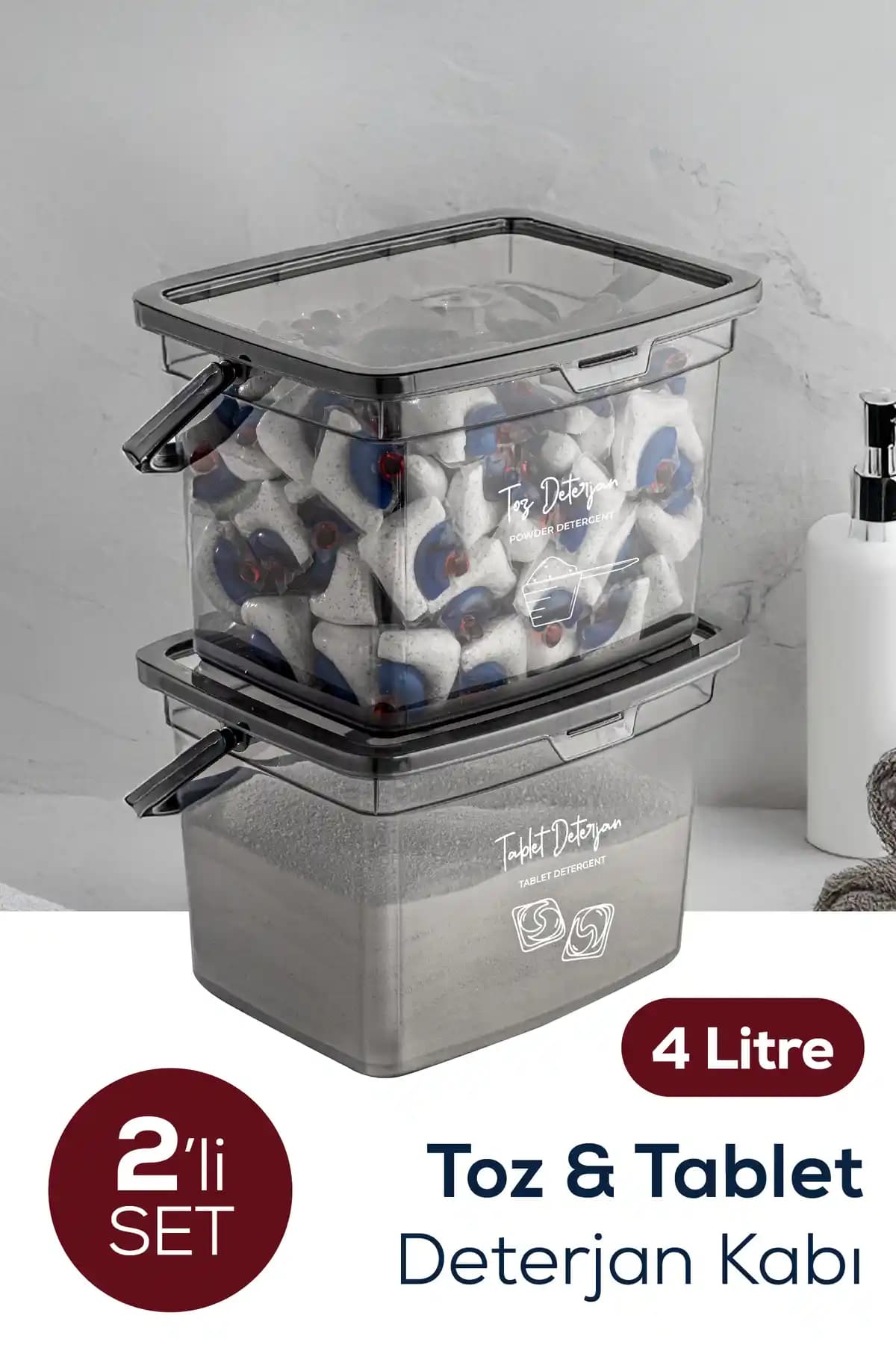 Vienev 2'li 4 Litre Beyaz Serigrafi Etiketli Deterjanlık Saklama Kutusu Modern Tasarım