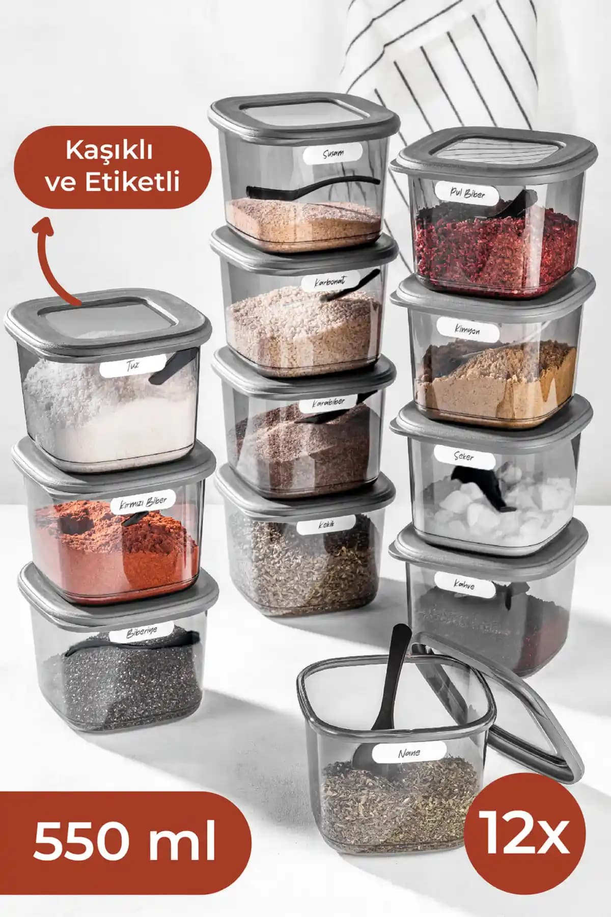 Vienev Beyaz Serigrafi Etiketli Kaşıklı Kare Gıda Saklama Kabı Seti