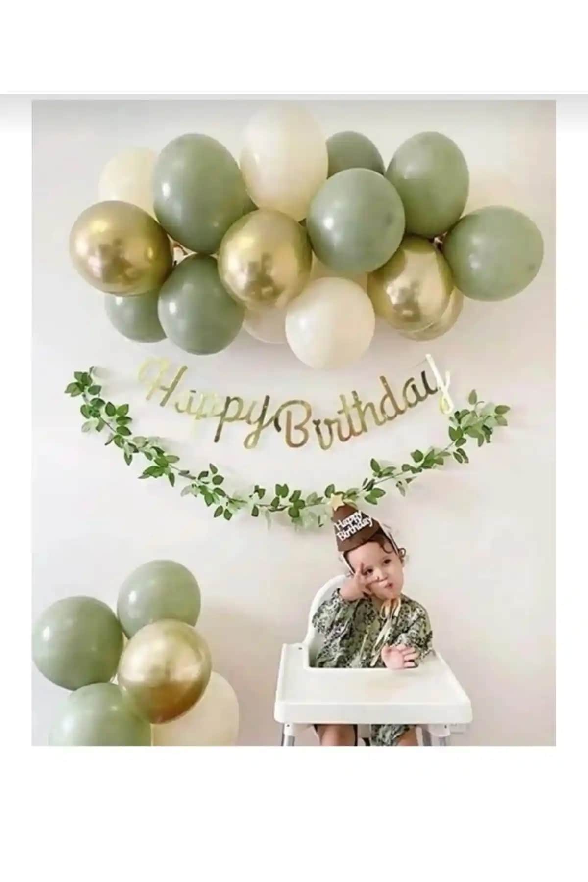 BalonEvi Küf Yeşili Krom Gold Beyaz Balon Zinciri ile Şık Kutlama Dekorasyonu