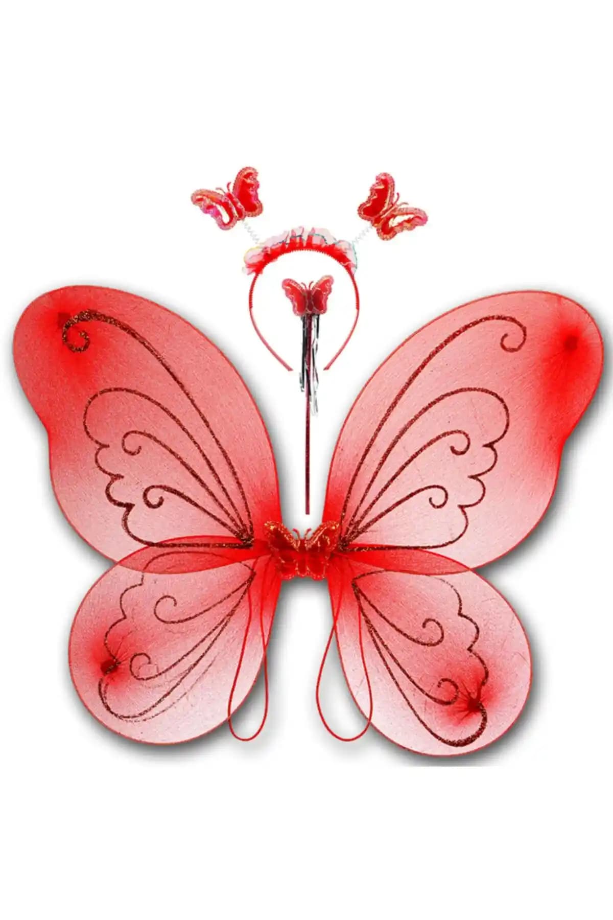 Çocuklar İçin Renkli Kelebek Kanatları, Taç ve Asa 3'lü Seti - Eğlence ve Etkinlikler İçin Uygun