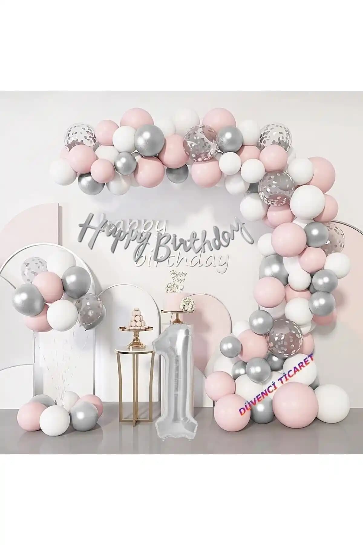 Düvenci Ticaret 1 Yaş Gümbüş Makaron Pembe Balon Zincir Setiyle Doğum Günü Dekorasyonu