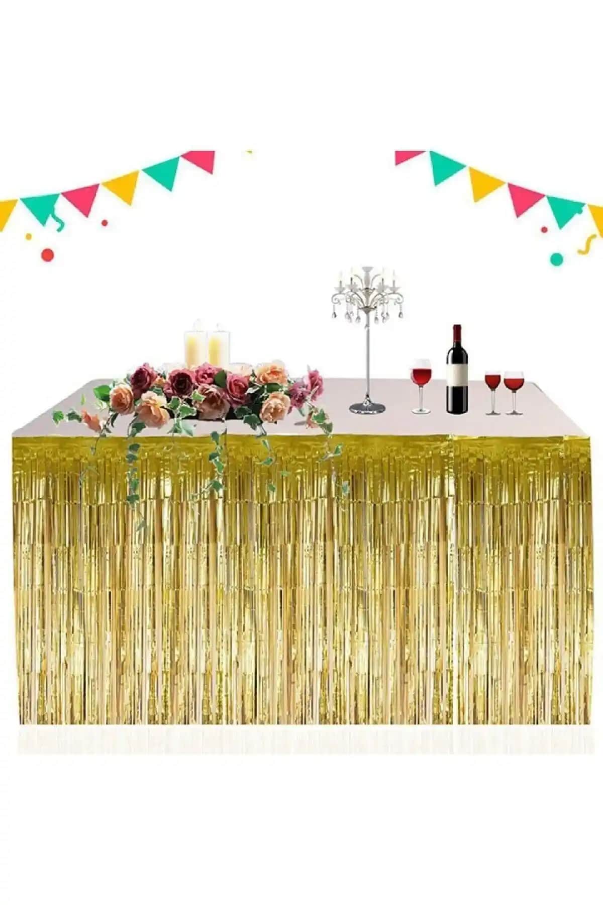 Huzur Party Store Metalik Folyo Püskül Gold Masa Eteği Şık ve İşlevsel Masa Dekorasyonu Ürünü