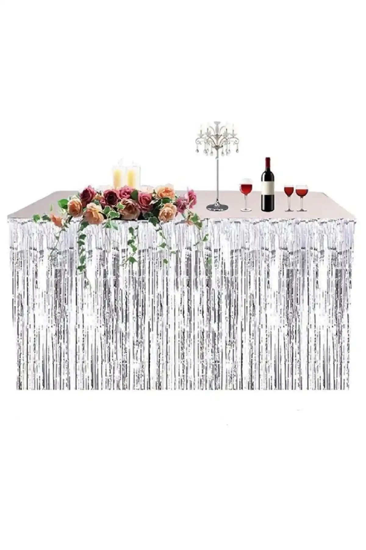 Huzur Party Store Metalik Folyo Püsküllü Gümüş Masa Eteği Şık ve Pratik Masa Dekorasyonu