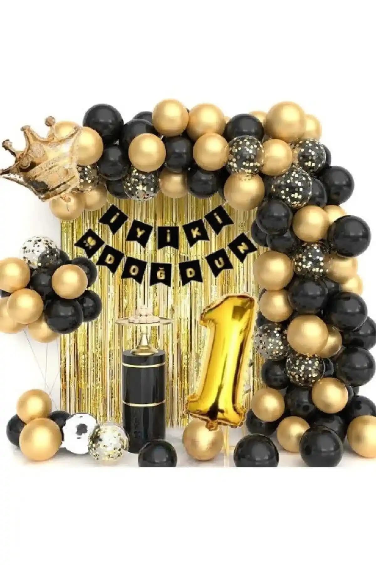 Kral Taçlı 1 Yaş Balonlu Zincirli Doğum Günü Seti: Şık ve Eğlenceli Dekorasyon Seçeneği