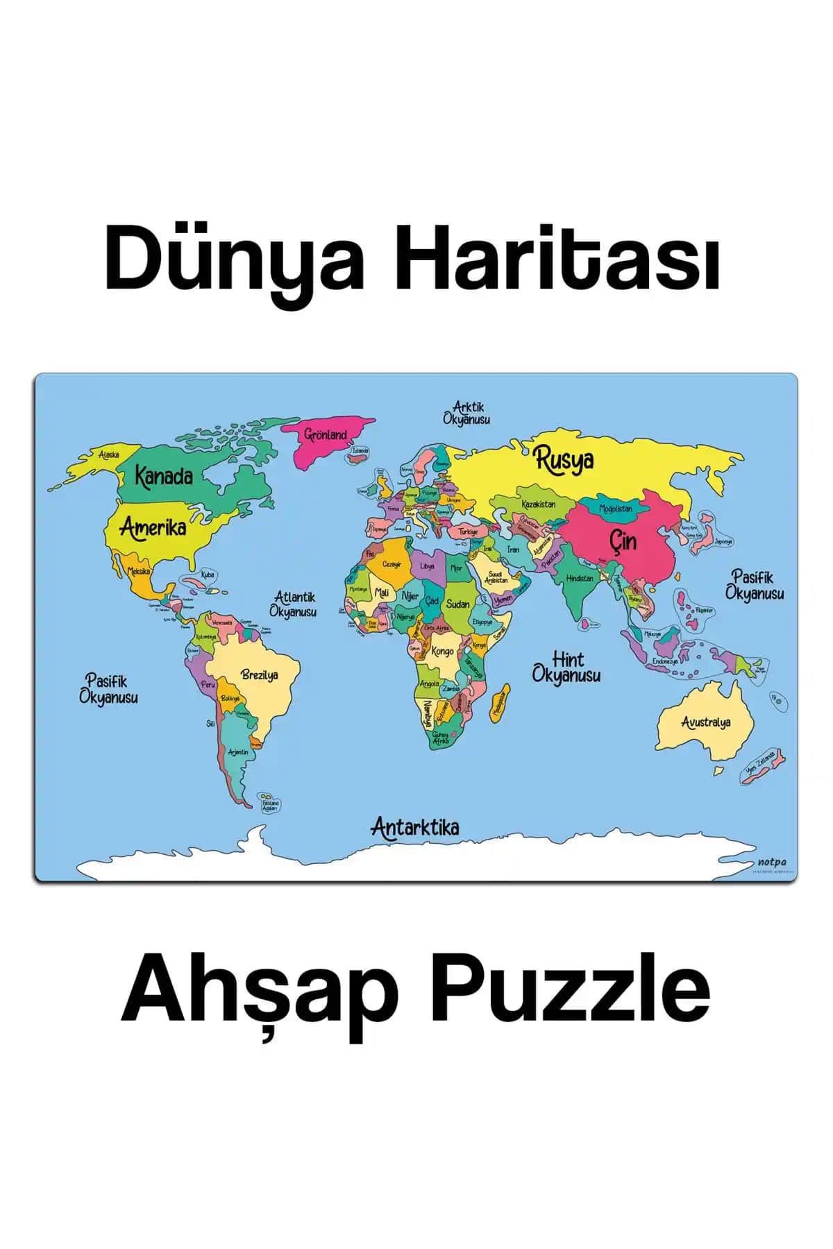KutuTR Notpa Ahşap Dünya Haritası Puzzle: Çocuklar ve Yetişkinler İçin Eğitici Oyun