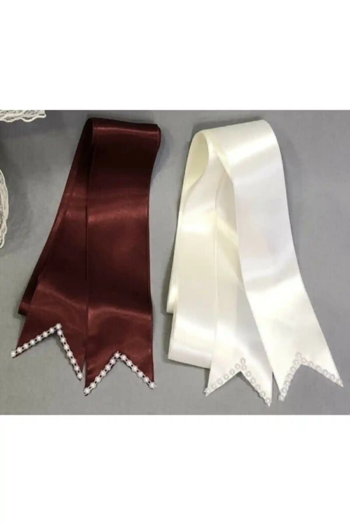 Mc Blue Bordo Beyaz Incili Takı Kurdelesi Düğün ve Kına Geceleri İçin Zarif Aksesuar