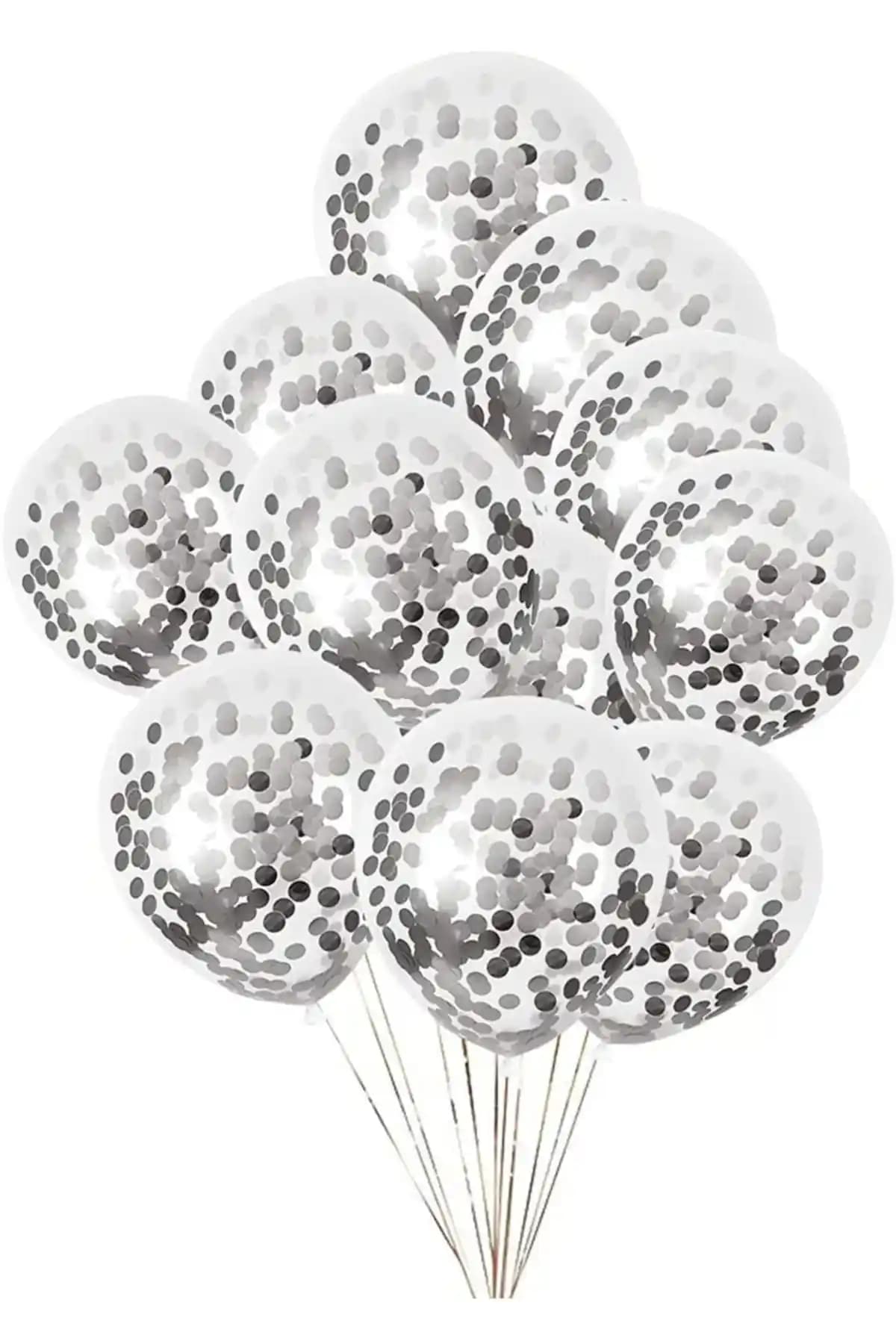 Parti Dolabı Gümüş Gri Konfetili Şeffaf Balon Seti Modern ve Şık Dekorasyon İçin Uygun