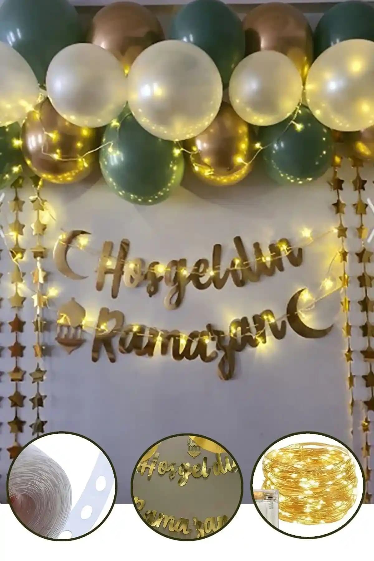Ramazan ve Bayram İçin Gold Yazı Ledli Zincir Balon Seti Dekorasyon Çözümü
