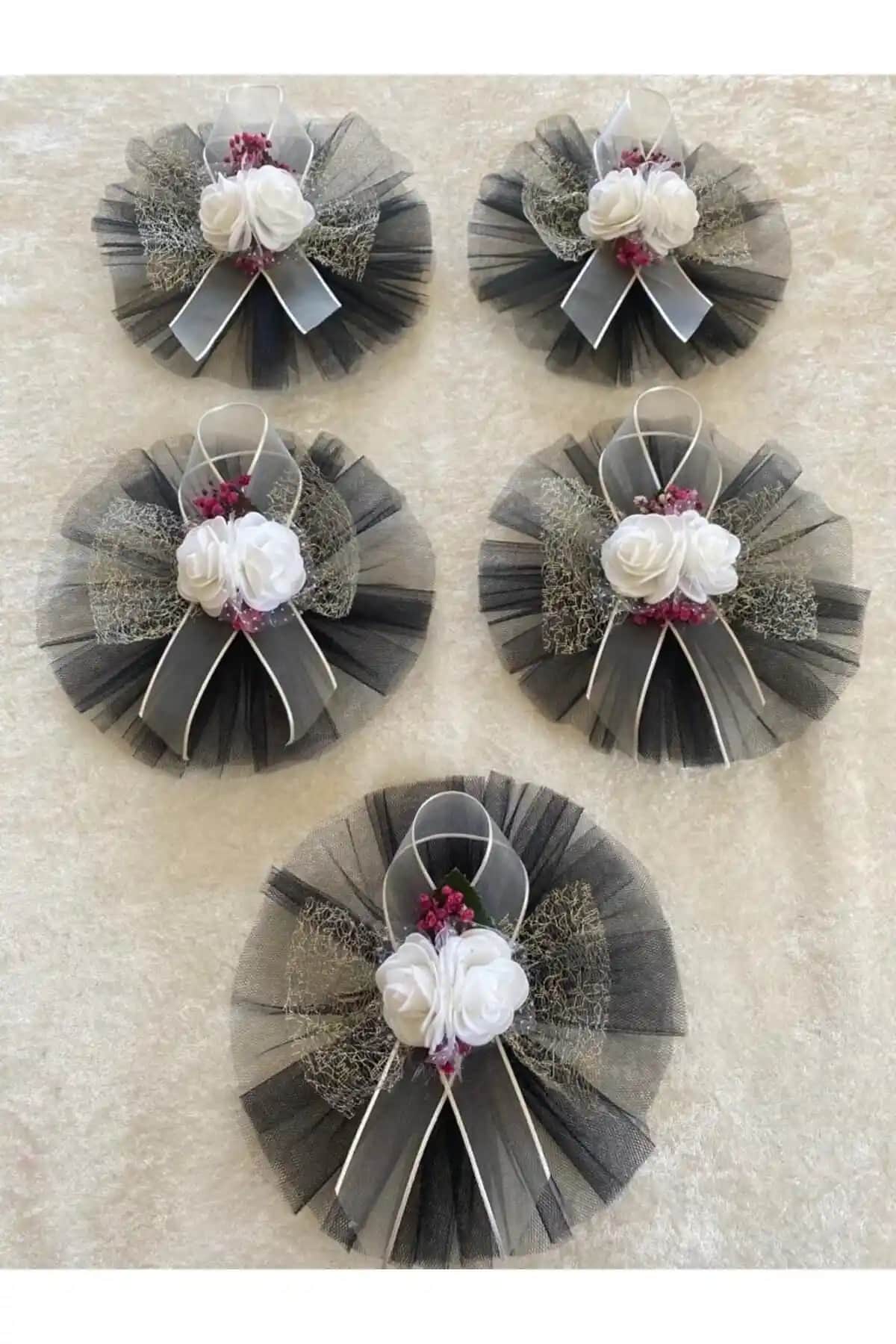 Siyah Bohça Süsü 5'li Set Düğün ve Nişan Organizasyonları İçin Dekoratif Aksesuar
