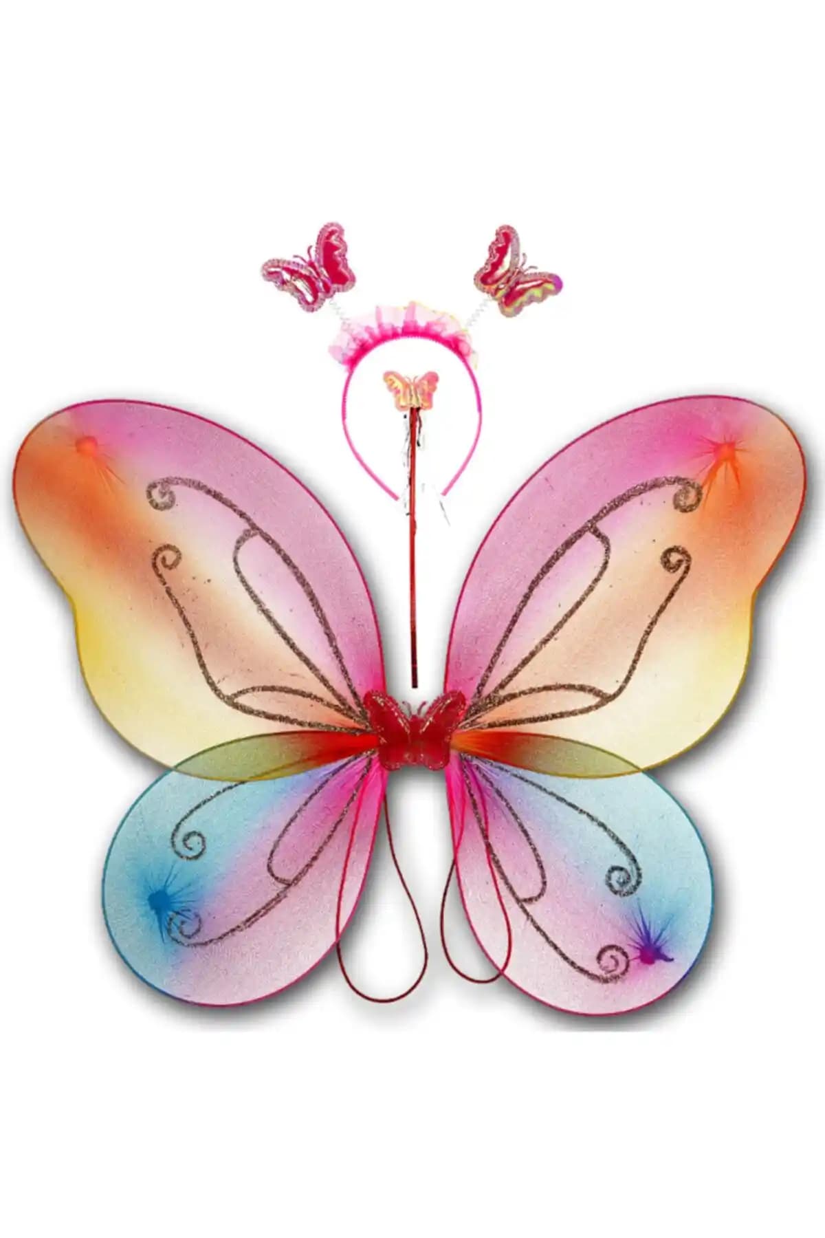 Süsle Bebek Partisi Kelebek Kanat, Asa ve Taç 3'lü Set Rainbow Renkli ve Eğlenceli Dekorasyon Ürünü