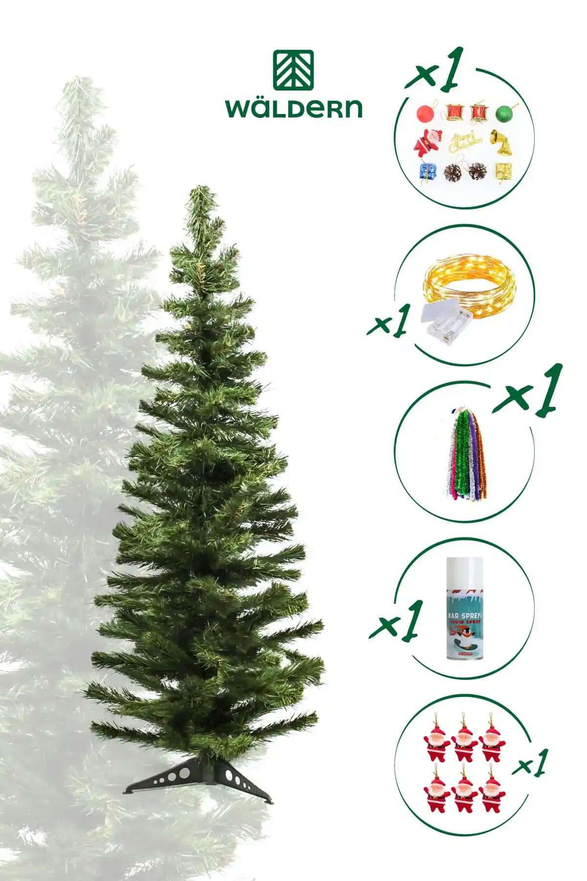 Waldern 120 cm Yılbaşı Çam Ağacı Seti: Renkli Işıklar ve Süslerle Dekorasyon