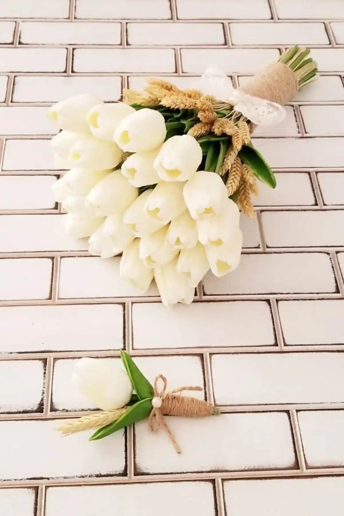 Yapay Çiçek Deposu Gelin Buketi ve Damat Yaka Çiçeği Seti Şık ve Uzun Ömürlü Tasarım