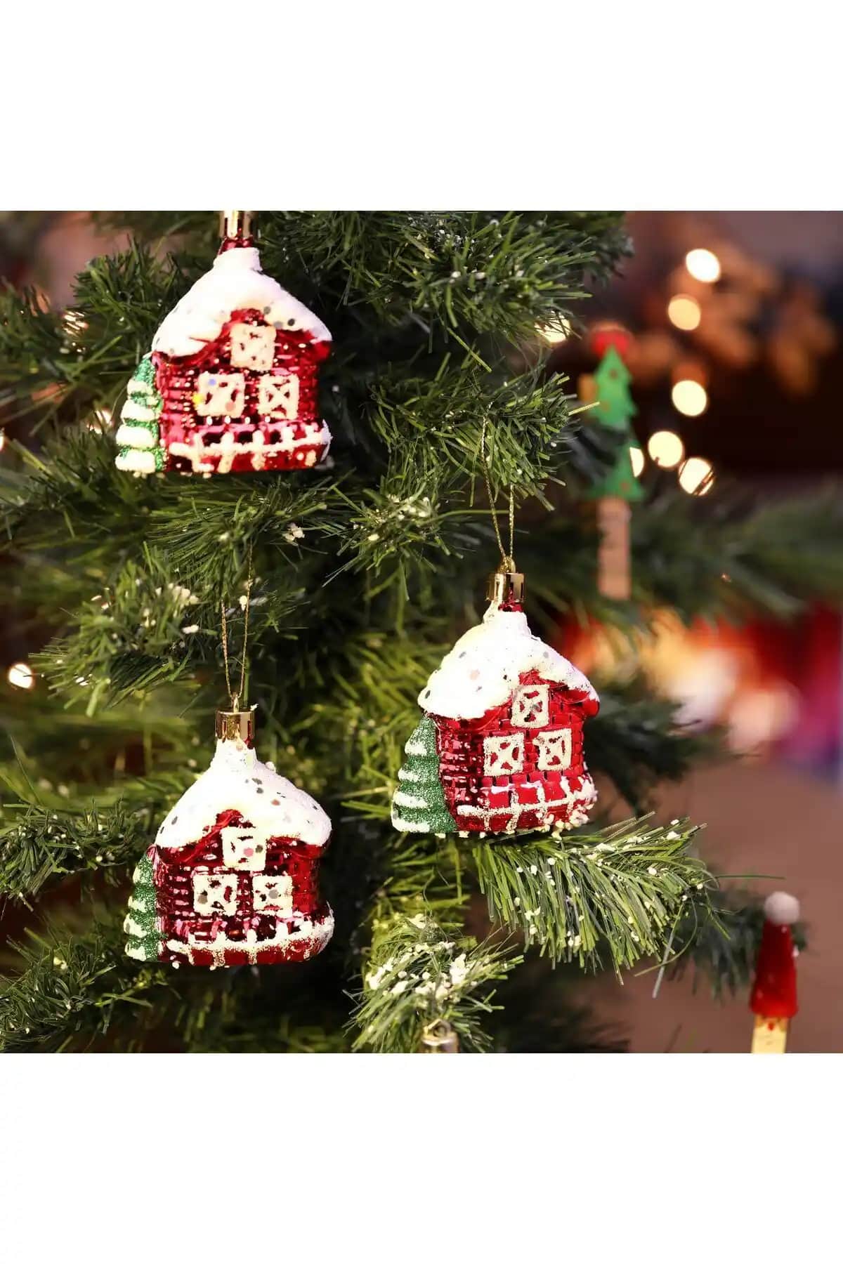 Yenigeldi 3'lü Kırmızı Dağ Evi Yılbaşı Süsleri Dekorasyon Seti 8.5 cm