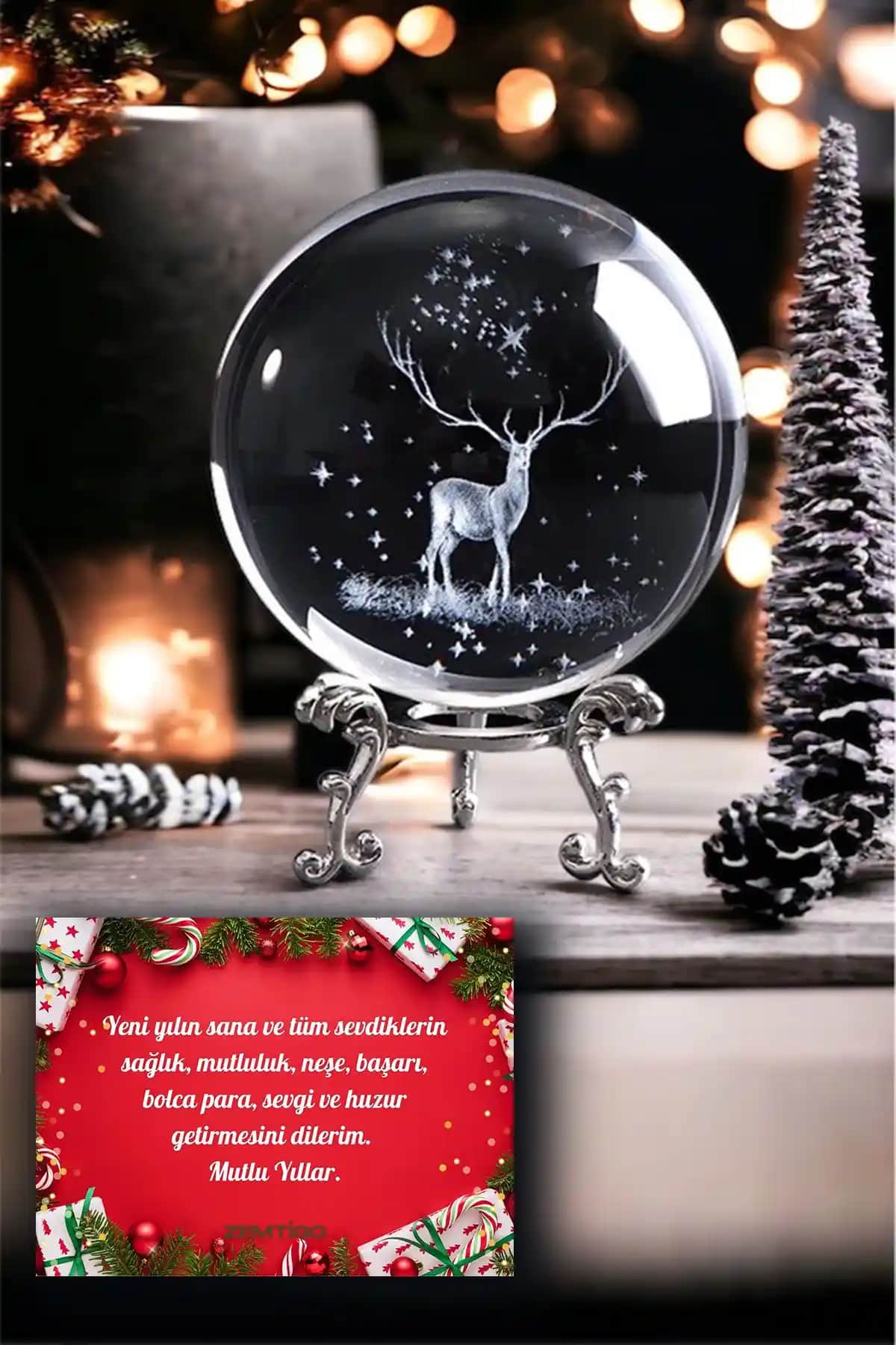 Zemtigo Dekoratif Metal Ayaklı Geyik Tasarımlı 3D Cam Küre Standlı Yılbaşı Süsü